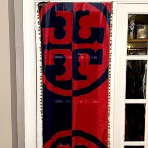 RARE!  XL 24” x 78” Tory Burch Red & Blue Logo Scarf/Wrap - tan pom-pom detail